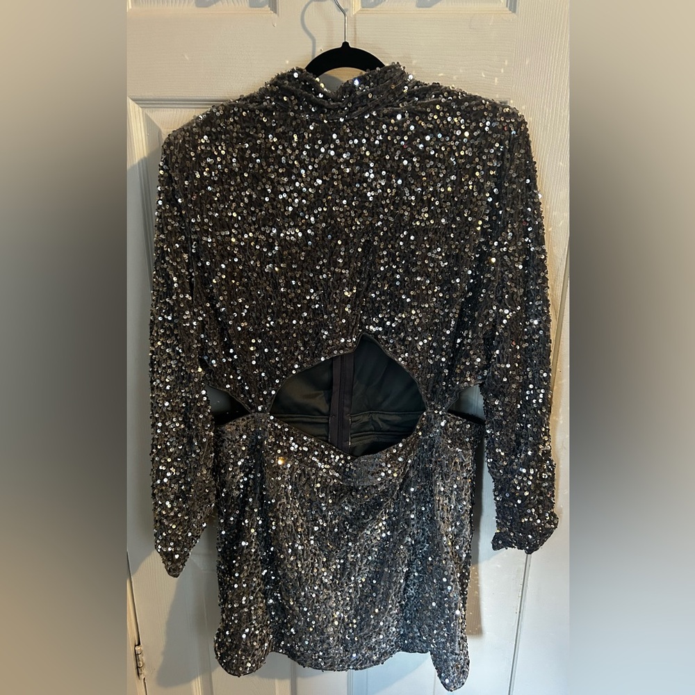 Pretty Little Thing Silver Sequin Party Dress with cutouts.